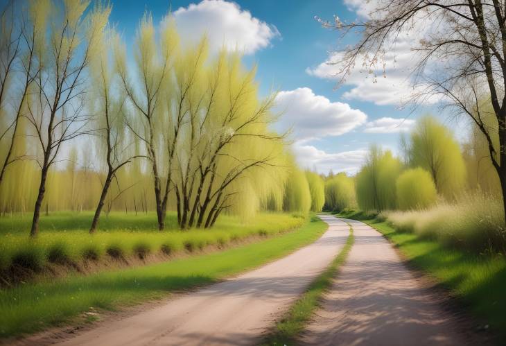 . Beautiful Defocused Spring Landscape with Willow Branches and Forest Road Under Blue Sky