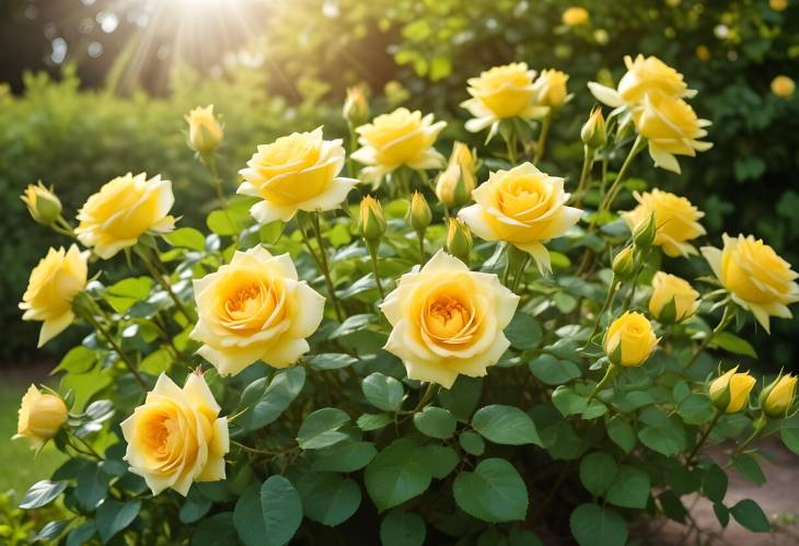  Bright Yellow Roses in Green Sunny Garden Fresh Blooms, Lush Landscape, Springtime Charm