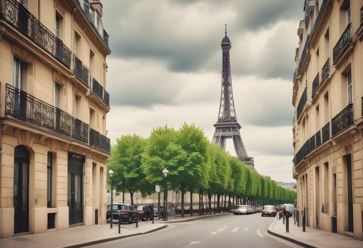  Charming Retro Paris Street with Eiffel Tower on Cloudy Summer Day, Cozy Paris France