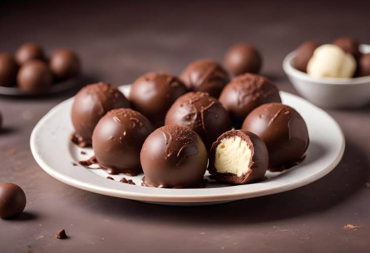  Chocolate Coated Ice Cream Truffles Rich, Small Balls on Focused Dish with Blurred Background