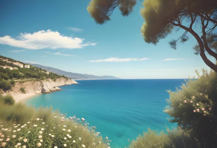  Coastal Riviera Turquoise Water, Flowers, and Blue Sky of Cte dAzur on a RetroToned Summer Day