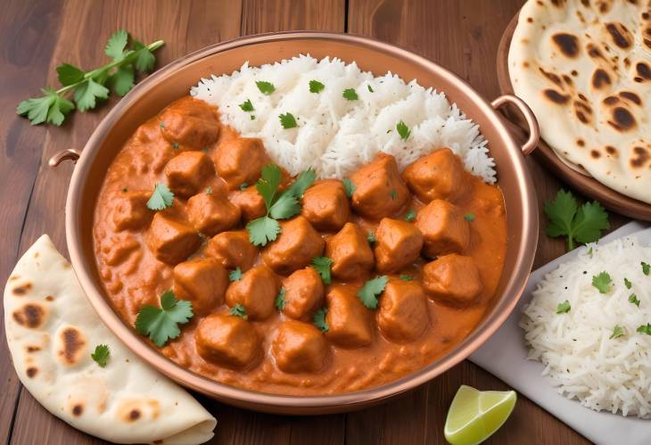 . Copper Pan Chicken Tikka Masala with Naan and Rice A Cozy Indian Meal on Wood