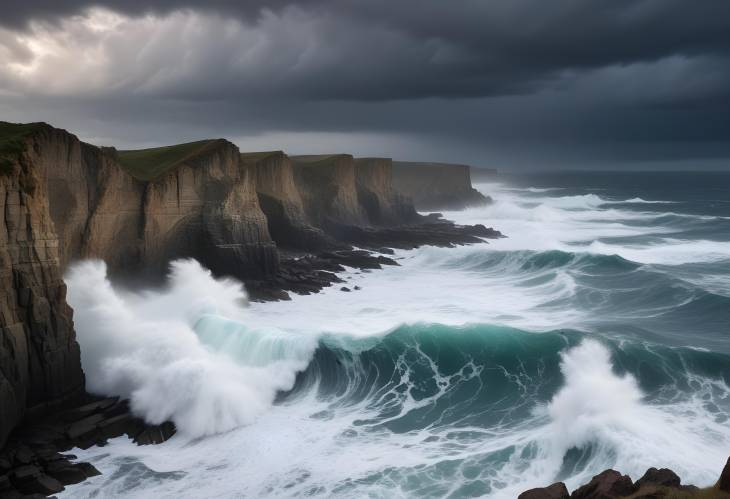 . Dramatic Ocean Waves Crashing Against Rocky Cliffs Under a Stormy Sky, Capturing the Power