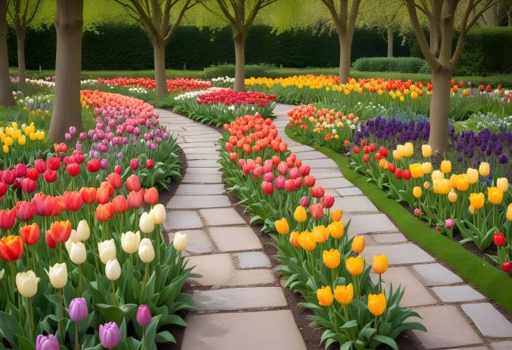  Elegant Formal Garden in Spring with Colorful Tulips Flowerbeds and Stone Path