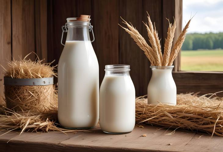  Farm Milk Still Life Fresh Glass Bottle with Hay, Barn Wood, Milk Pail, Rustic Farm Setting