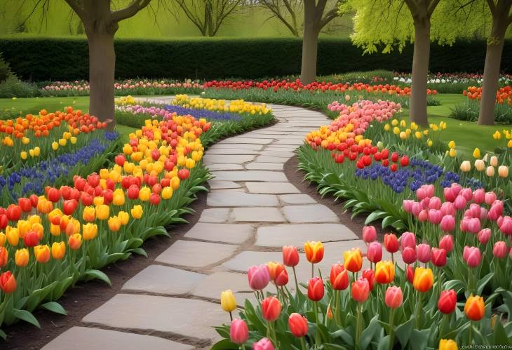  Formal Spring Garden with Stone Path and Colorful Tulips Flowerbeds, Elegant and Vibrant