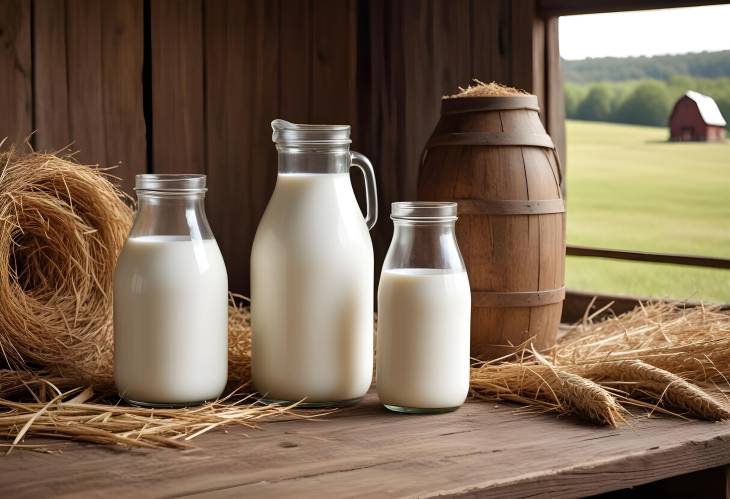  Fresh Farm Milk in Glass Bottle Rustic StillLife with Hay, Barn Wood, and Milk Pail