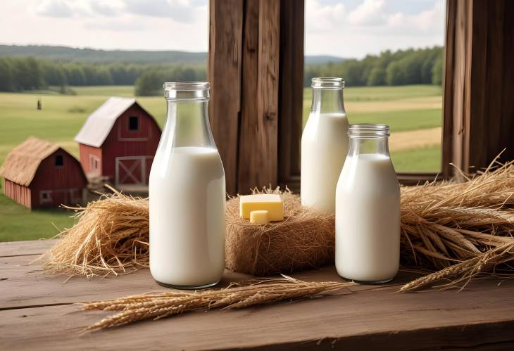  Fresh Milk in Rustic Glass Bottle Farm Scene with Hay, Barn Wood, Milk Pail, Country Setting