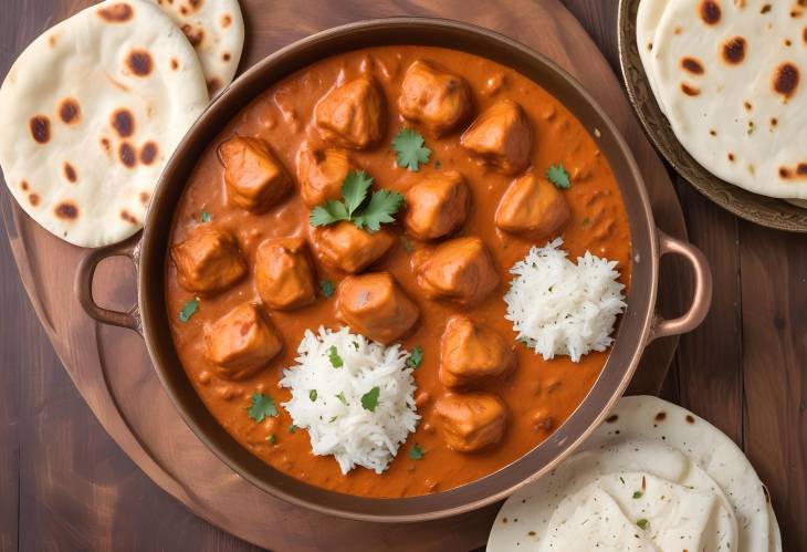 . Hearty Chicken Tikka Masala with Rice and Naan in a Copper Pan on Wooden Table