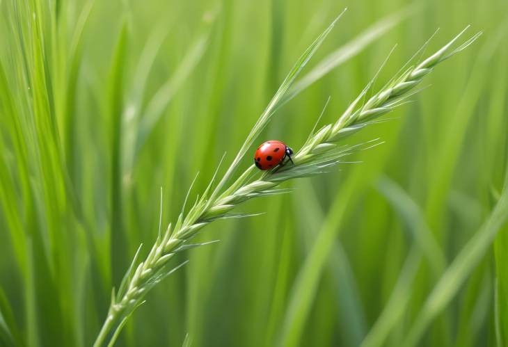 . Juicy Green Wheat Ears with Ladybug in Spring Field, Macro