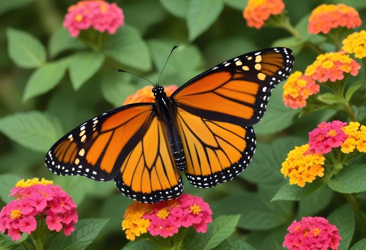 . Monarch Butterfly Perched on Lantana Flower Close Up