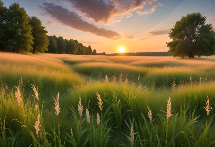 . Pastoral Landscape with Blooming Grass and Sunset Glow