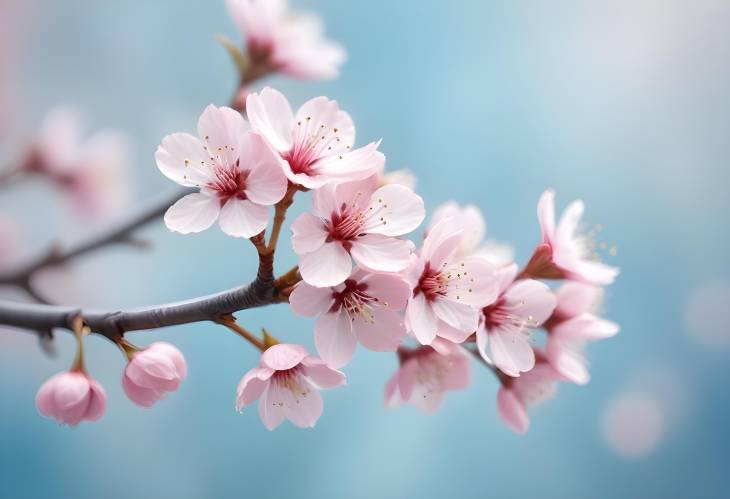 . Pink Cherry Blossoms in Soft Spring Background, Macro