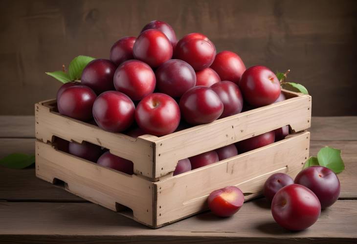 . Red Plums in a Wooden Crate Ready for Market