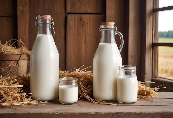  Scenic Farm Fresh Milk Rustic Glass Bottle with Hay, Barn Wood, and Milk Pail StillLife