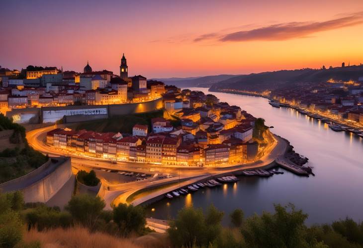  Scenic Sunset View from Hill Over Portos Old Town and Douro River Portugal Landscape