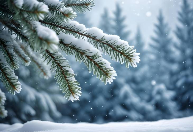 . Scenic Winter Christmas Background with Snow Covered Spruce Branches