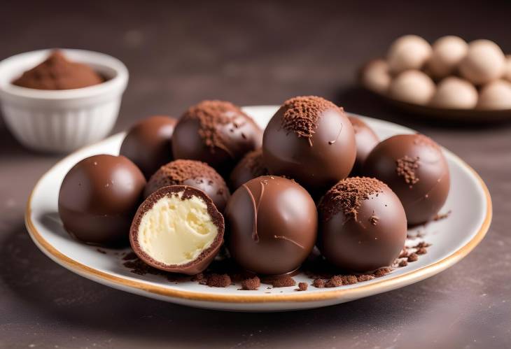  Small Ice Cream Truffles Coated in Rich Chocolate Focus on Dish with Blurred Background