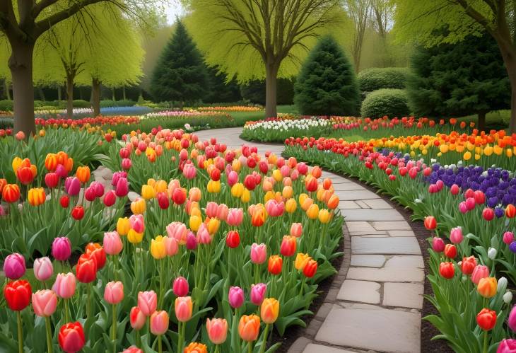  Spring Formal Garden with Colorful Tulips Flowerbeds and Stone Path, Elegant and Lush