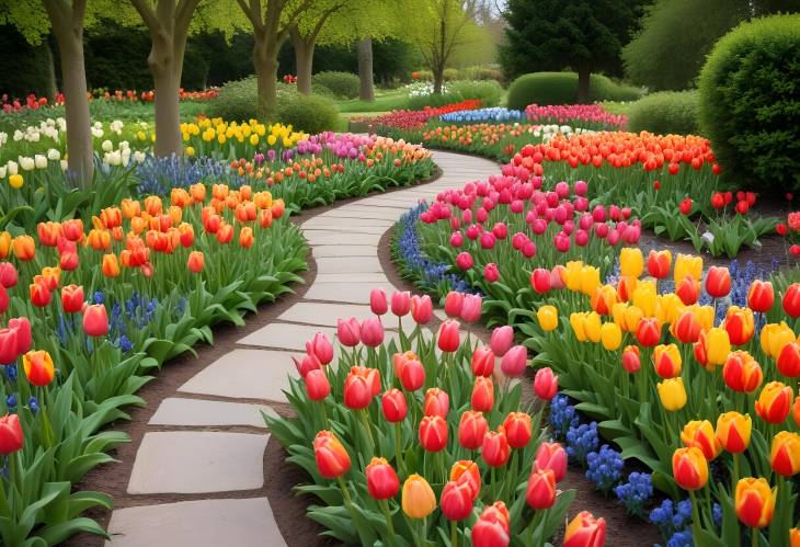  Spring Garden with Vibrant Tulips Flowerbeds and Stone Path, Formal and Elegant Design