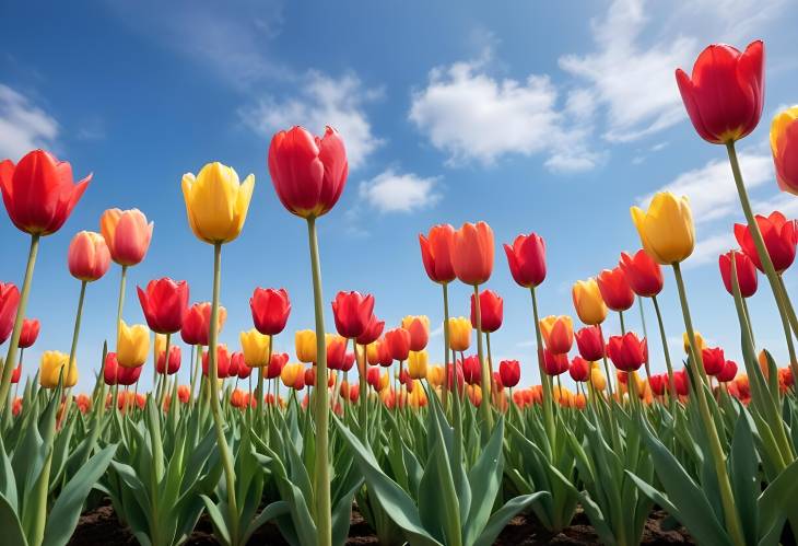  Spring Tulips in Garden Fresh Growing Tulips with Blue Sky Background, Vibrant Floral Scene