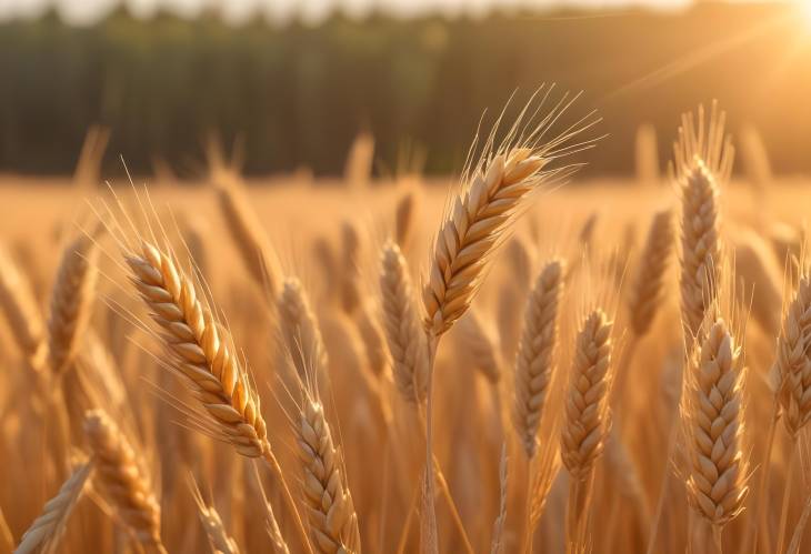 . Summer Field of Golden Wheat Ears and Sunset Rays, Macro