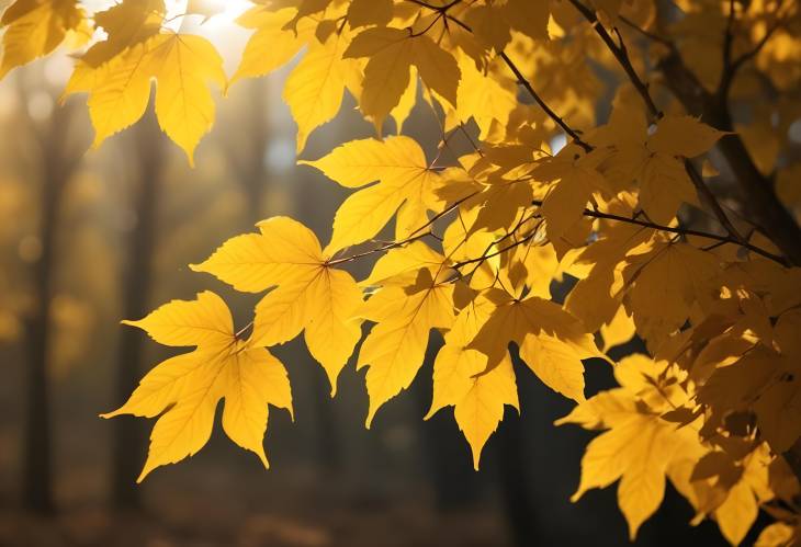 . Sunlit Yellow Gold Autumn Leaves on Blurred Background