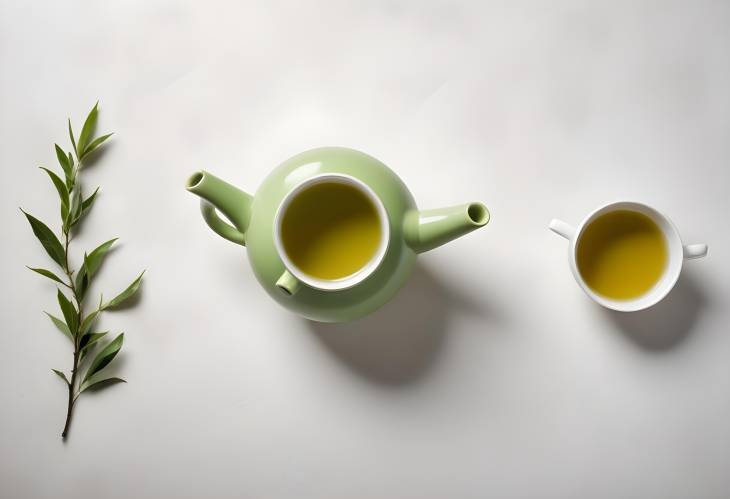  Top View of Green Tea and Ceramic Teapot on White Background Perfect for Clean Copy Space