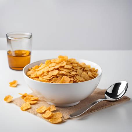 11Corn Flakes with Spoon in Isolated Bowl, White Background, Fresh Breakfast Cereal, Crispy and Heal