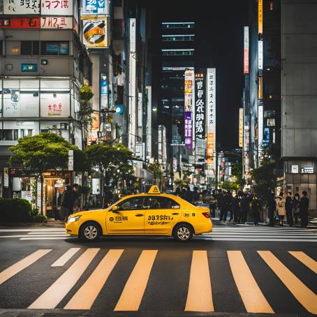 2015 Fukuoka Night Taxis and City Lights Creating an Enchanting Urban Scene