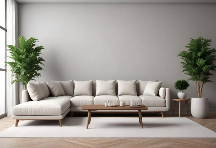 3D Interior Design Rendering Stylish Sofa and Plant in Contemporary Virtual Room Setup