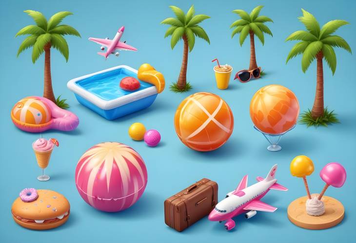 3D Realistic Summer Vector Icons Ball, Airplane, Sunglasses, Starfish  More