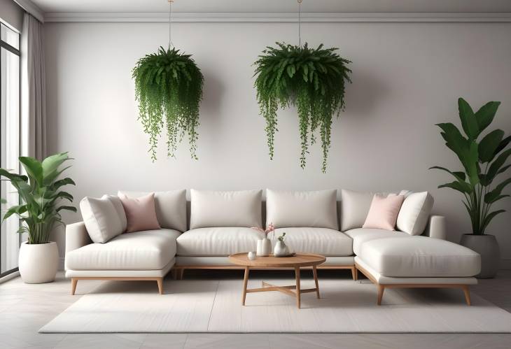 3D Rendered Interior Decoration Elegant Sofa and Green Plant in Contemporary Virtual Space