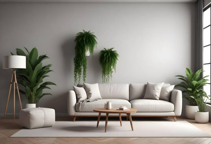 3D Rendered Living Space Modern Sofa and Plant Arrangement in Contemporary Interior Design