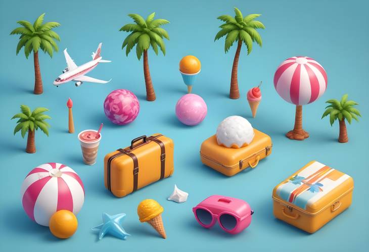 3D Summer Icons Set Ball, Airplane, Sunglasses, Starfish, Suitcase  More