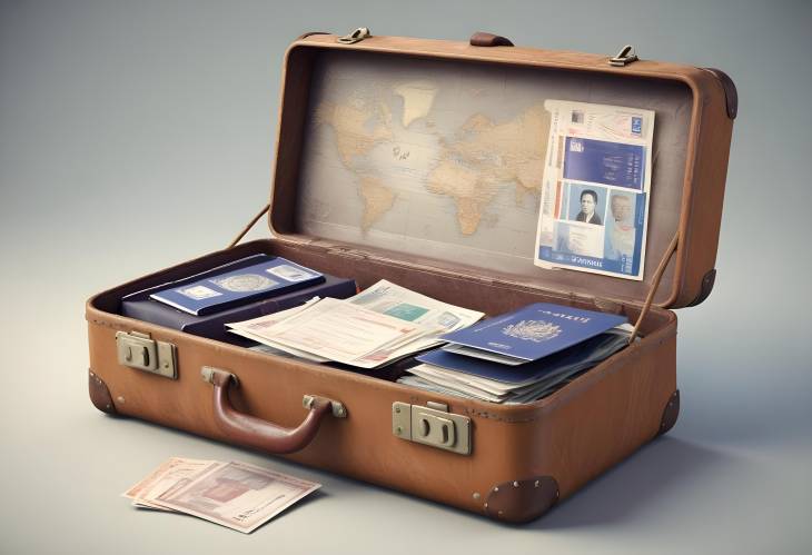 3D Travel Concept Vintage Suitcase with Open Passport and Visa Stamps