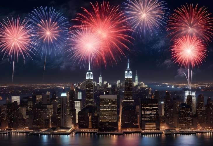 4th of July Fireworks Lighting Up New York City Skyline at Night