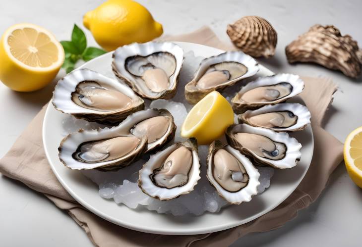 A Culinary Delight Fresh Oysters with Lemon and Knife Arranged on a Light Background