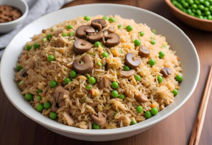 A Flavorful Bowl of Fried Rice with Mushrooms and Peas Ready to Serve