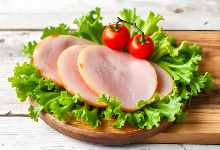 A Fresh Twist Ham with Lettuce and Cherry Tomatoes on a Wooden Board