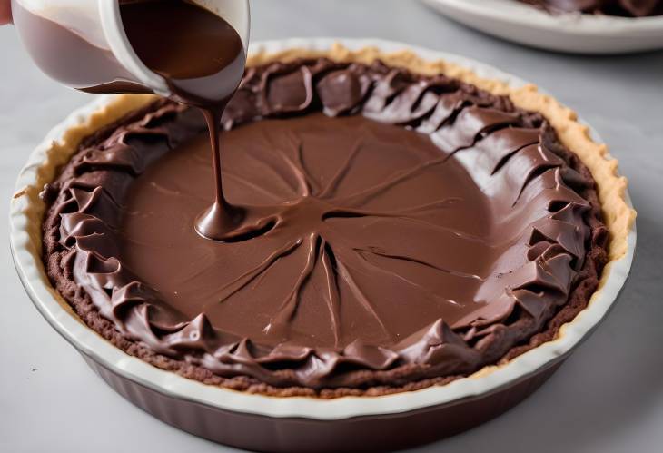 A Heavenly Dessert Pouring Melted Chocolate into a Warm, Flaky Chocolate Pie Shell