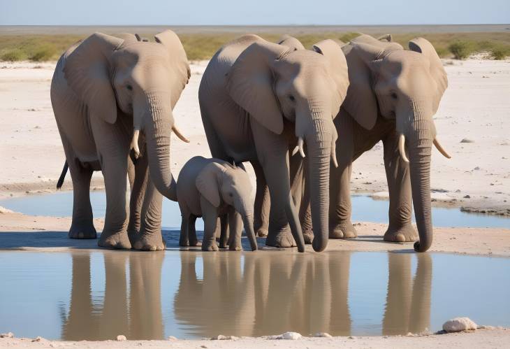 A Herd of Elephants at the Lake Family Drinking Time in Etosha National Park, Namibia