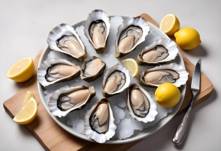 A Platter of Fresh Oysters with Lemon and Knife on a Light Background Pure Seafood Bliss