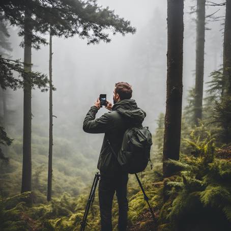 A Scenic Quest Man with Smartphone in the Fog