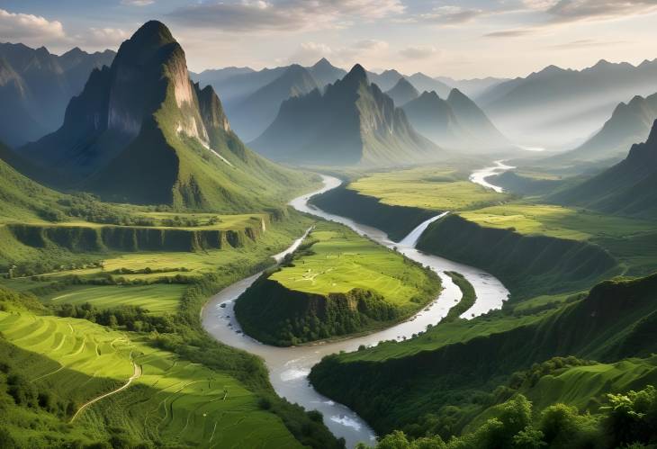 a serene green valley surrounded by towering mountains with a meandering river below