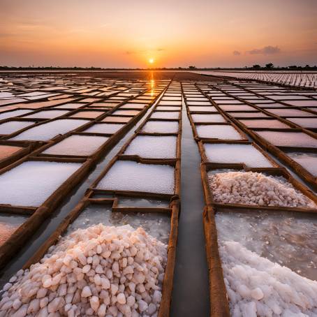 A serene morning sunrise over Thailand salt fields by the sea