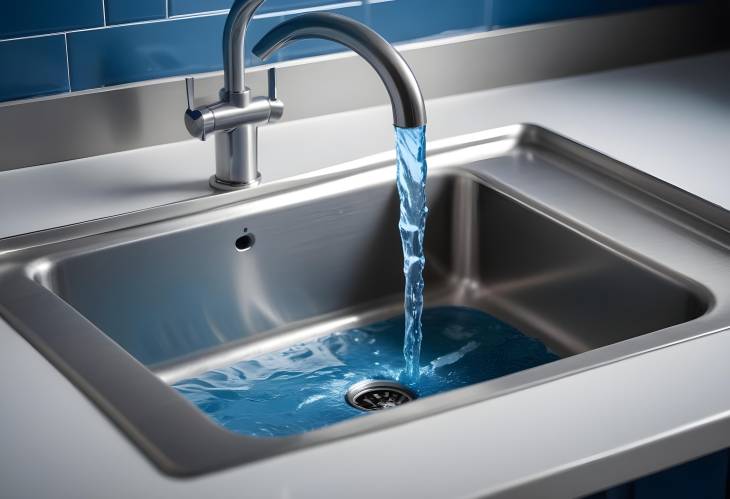 A Stream of Clean Water Flows into the Stainless Steel Sink in Blue Tones