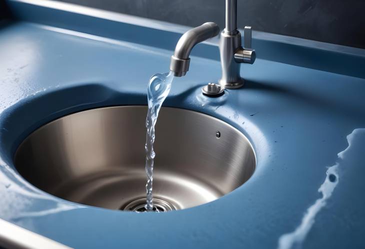 A Stream of Clean Water Flows into the Stainless Steel Sink in Blue Tones