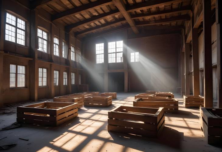 Abandoned Warehouse with Rustic Wooden Crates Sunlit Beams and Vintage Flair