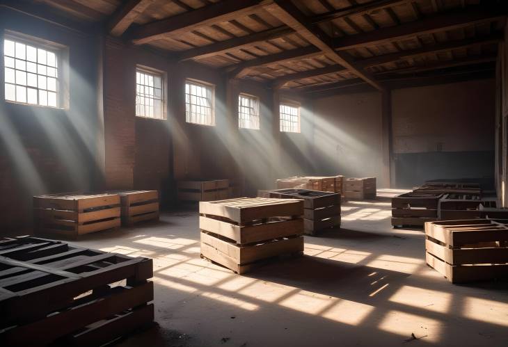 Abandoned Warehouse with Wooden Crates Sunlight Illuminates Rustic Beams